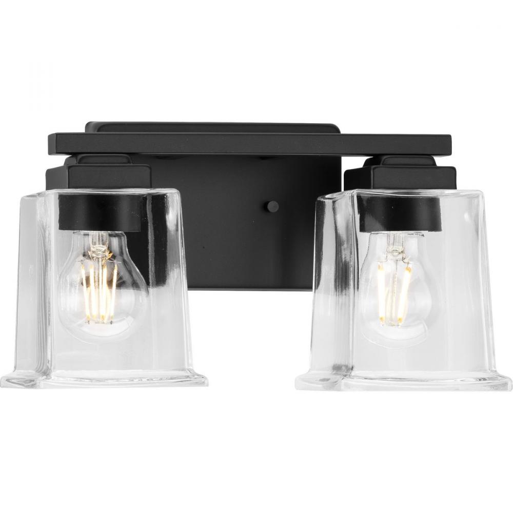 Gilmour Collection Two-Light Modern Farmhouse Matte Black Clear Glass Bath Vanity Light