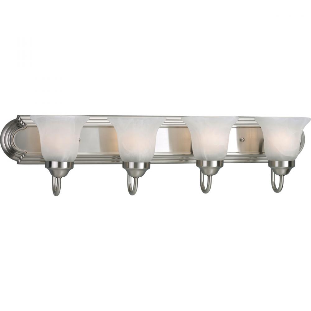 Four-Light Brushed Nickel Alabaster Glass Traditional Bath Vanity Light