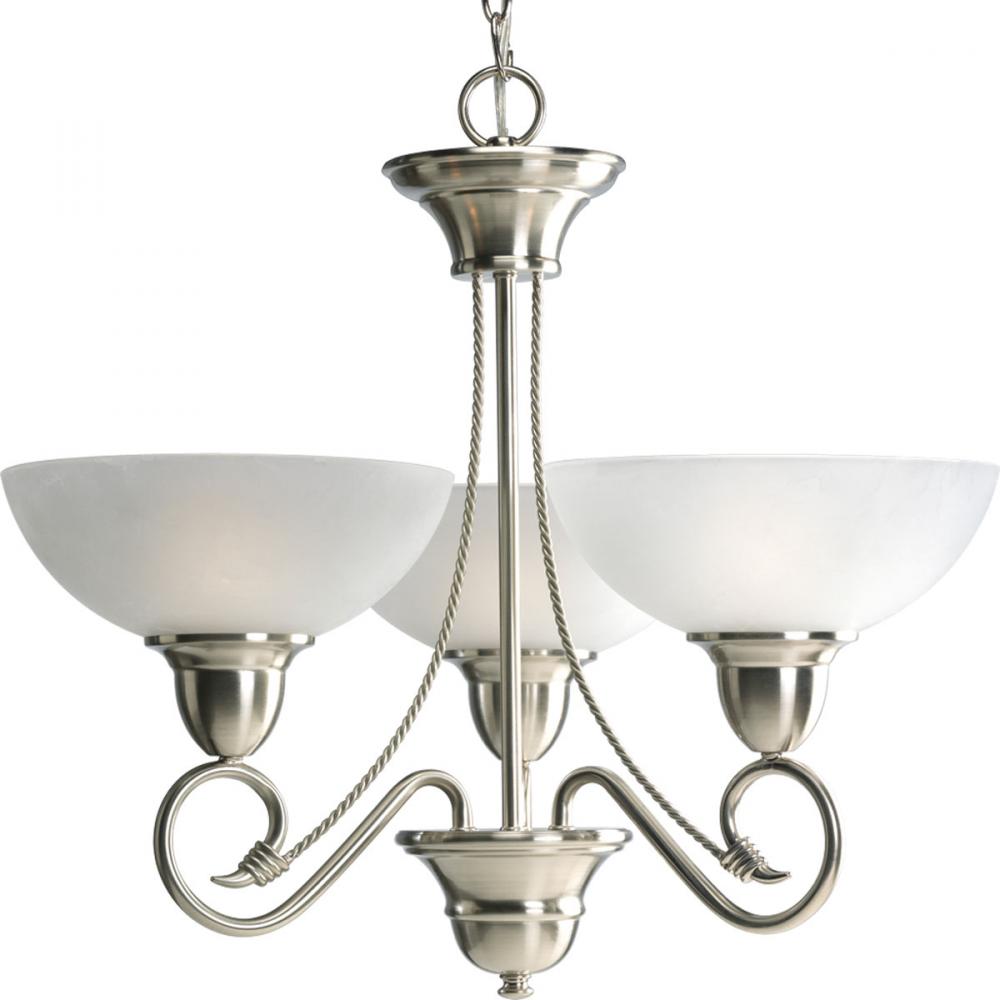 Three Light Brushed Nickel Etched Watermark Glass Up Chandelier