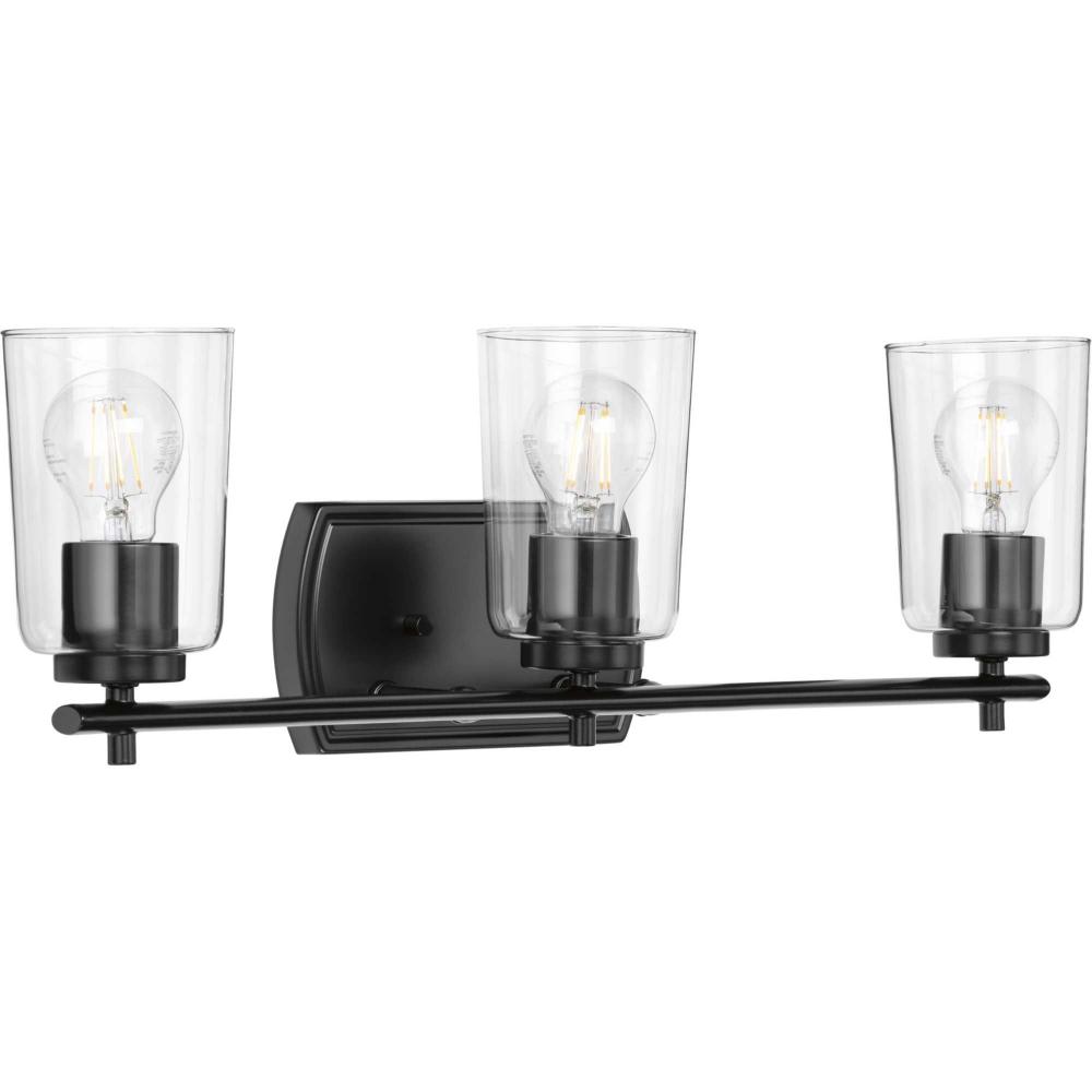 Adley Collection Three-Light Matte Black Clear Glass New Traditional Bath Vanity Light