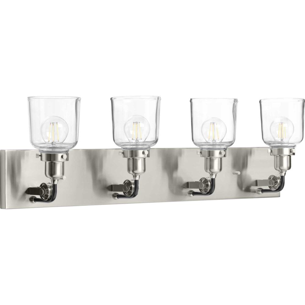 Rushton Collection Four-Light Brushed Nickel Clear Glass Farmhouse Bath Vanity Light