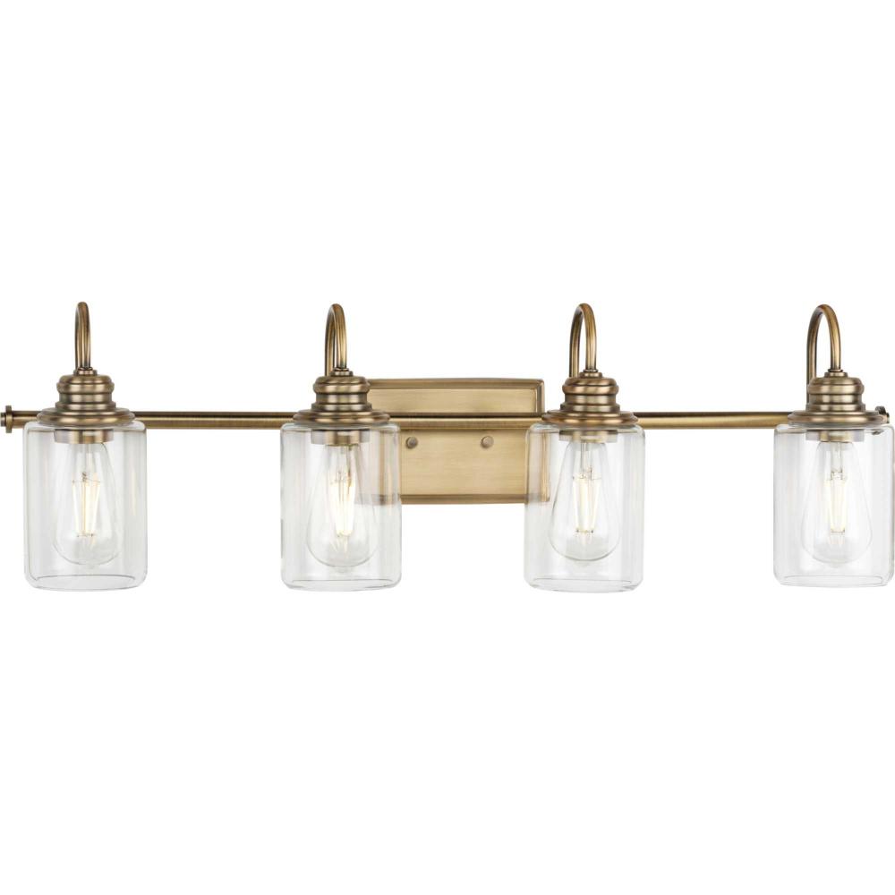 Aiken Collection Four-Light Vintage Style Brass Clear Glass Farmhouse Style Bath Vanity Wall Light