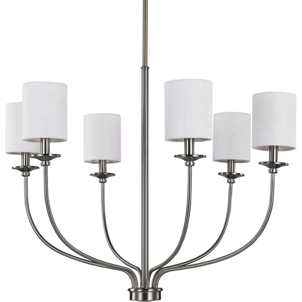 Bonita Collection Six-Light Brushed Nickel White Linen Fabric Shade Luxe Chandelier Light
