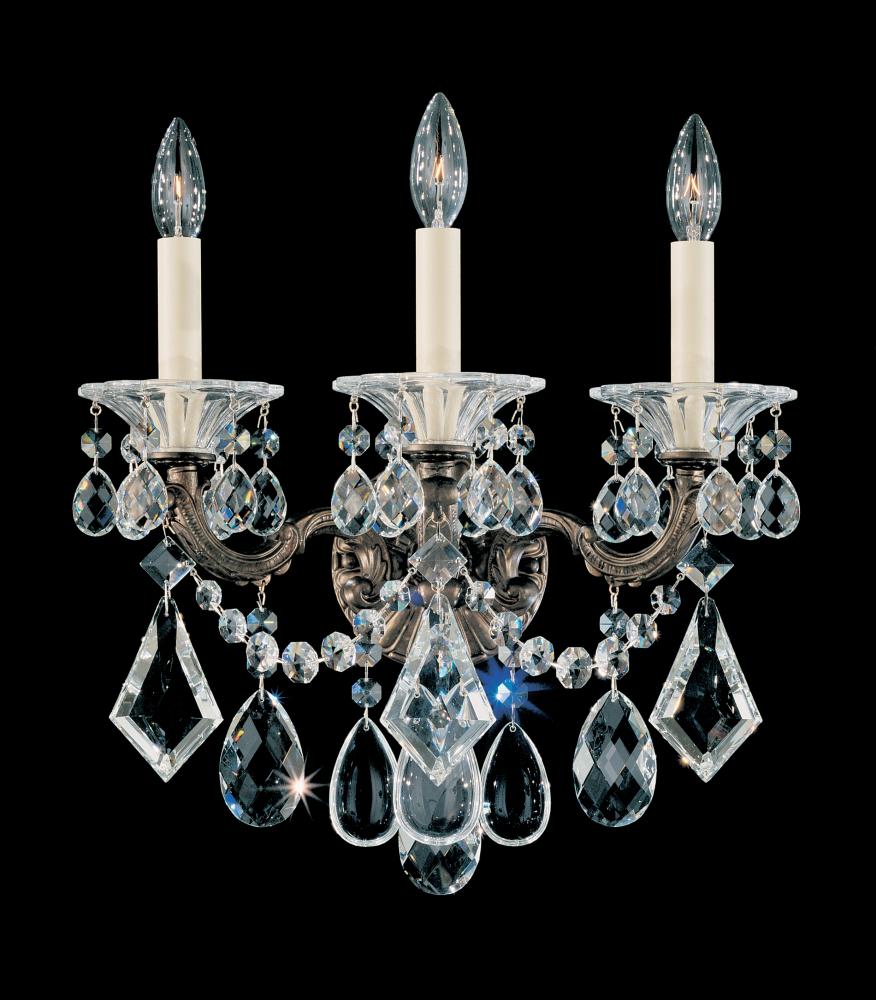 La Scala 3 Light 120V Wall Sconce in Florentine Bronze with Clear Heritage Handcut Crystal