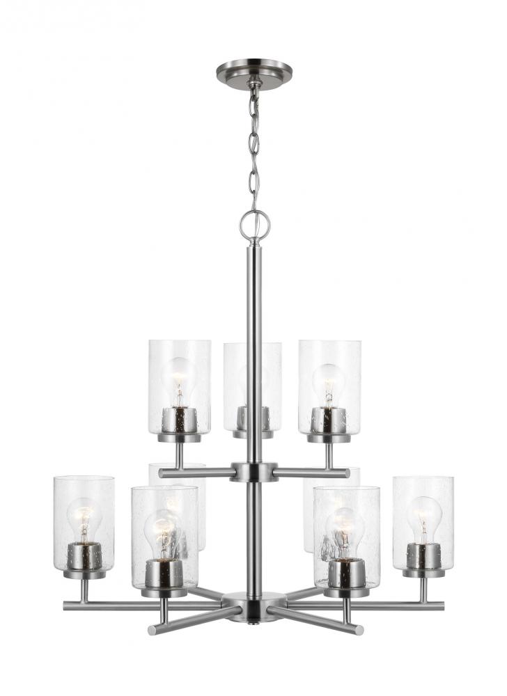 Oslo indoor dimmable 9-light chandelier in a brushed nickel finish with a clear seeded glass shade