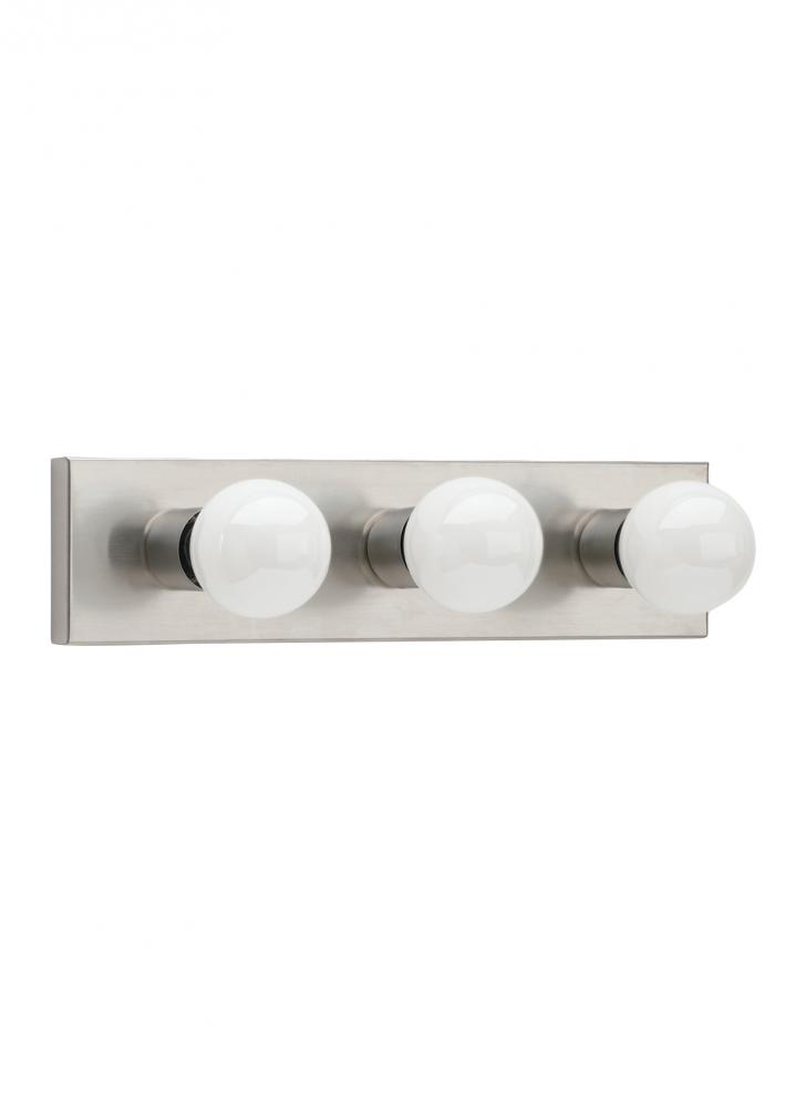 Center Stage traditional 3-light indoor dimmable bath vanity wall sconce in brushed stainless silver