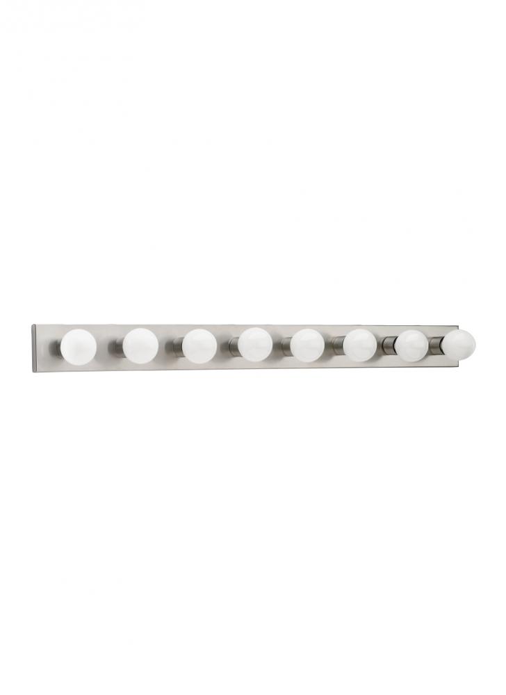 Center Stage traditional 8-light indoor dimmable bath vanity wall sconce in brushed stainless silver