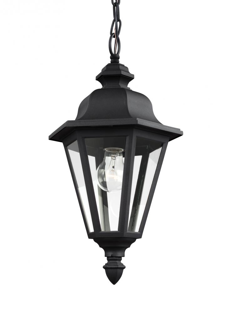 Brentwood traditional 1-light outdoor exterior ceiling hanging pendant in black finish with clear gl