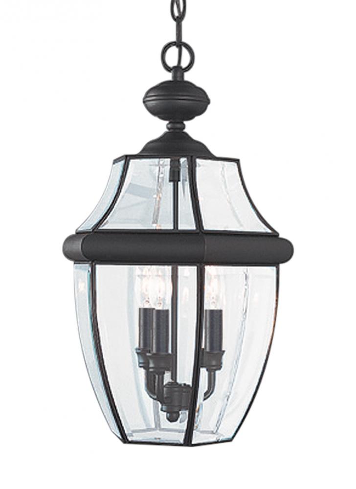 Lancaster traditional 3-light outdoor exterior pendant in black finish with clear curved beveled gla
