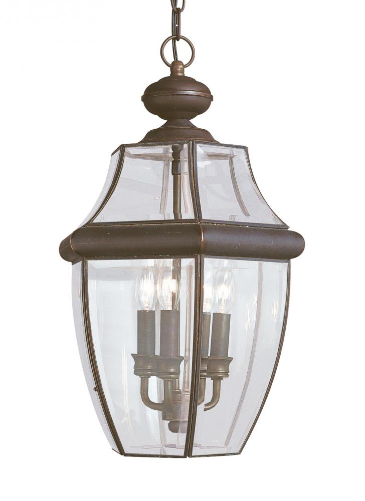 Lancaster traditional 3-light outdoor exterior pendant in antique bronze finish with clear curved be