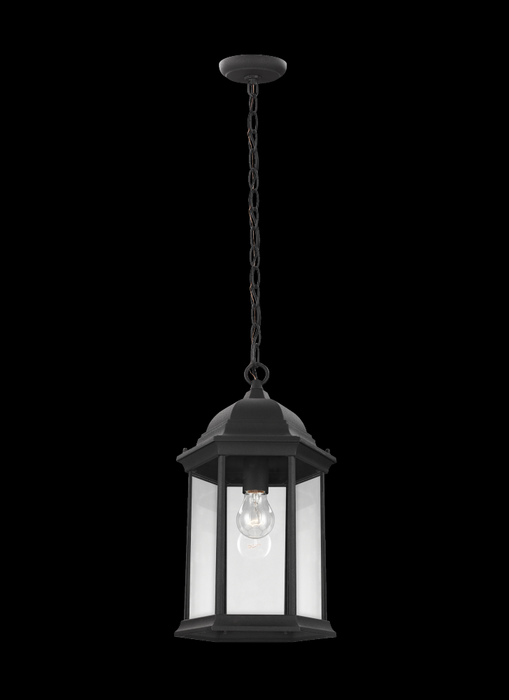 Sevier traditional 1-light outdoor exterior ceiling hanging pendant in black finish with clear glass