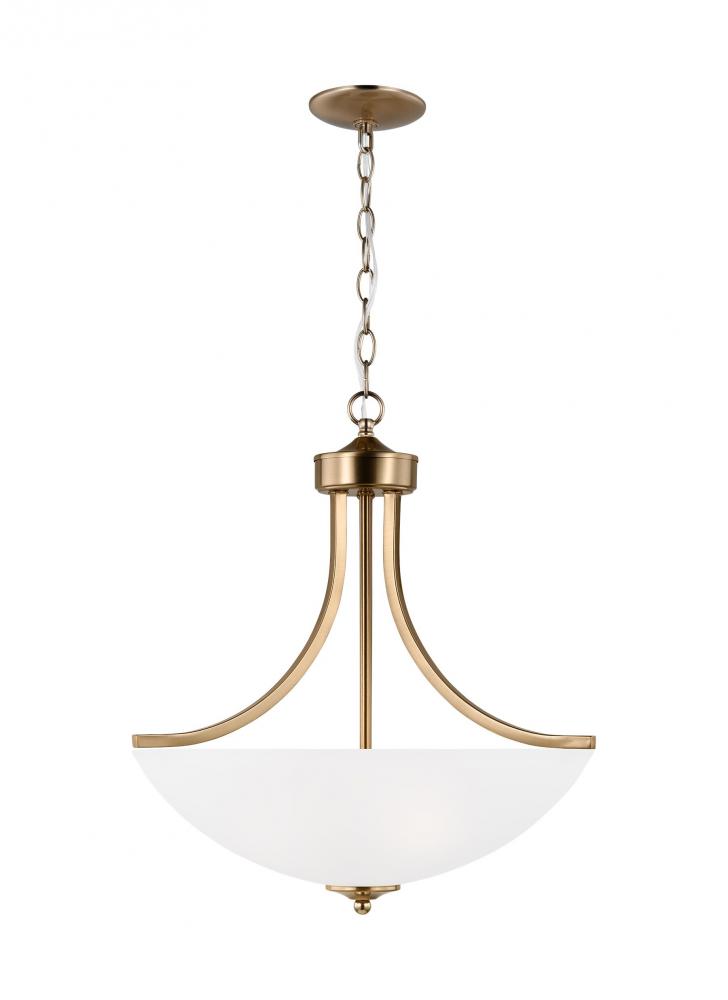 Geary traditional indoor dimmable medium 3-light pendant in satin brass with a satin etched glass sh