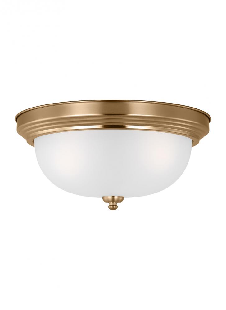 Geary traditional indoor dimmable LED 3-light ceiling flush mount in satin brass with a satin etched
