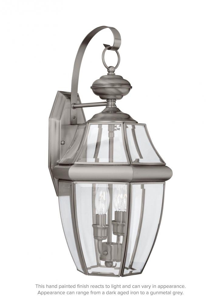 Lancaster traditional 2-light outdoor exterior wall lantern sconce in antique brushed nickel silver