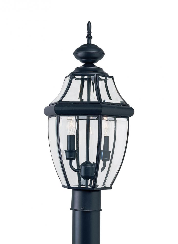 Lancaster traditional 2-light outdoor exterior post lantern in black finish with clear curved bevele