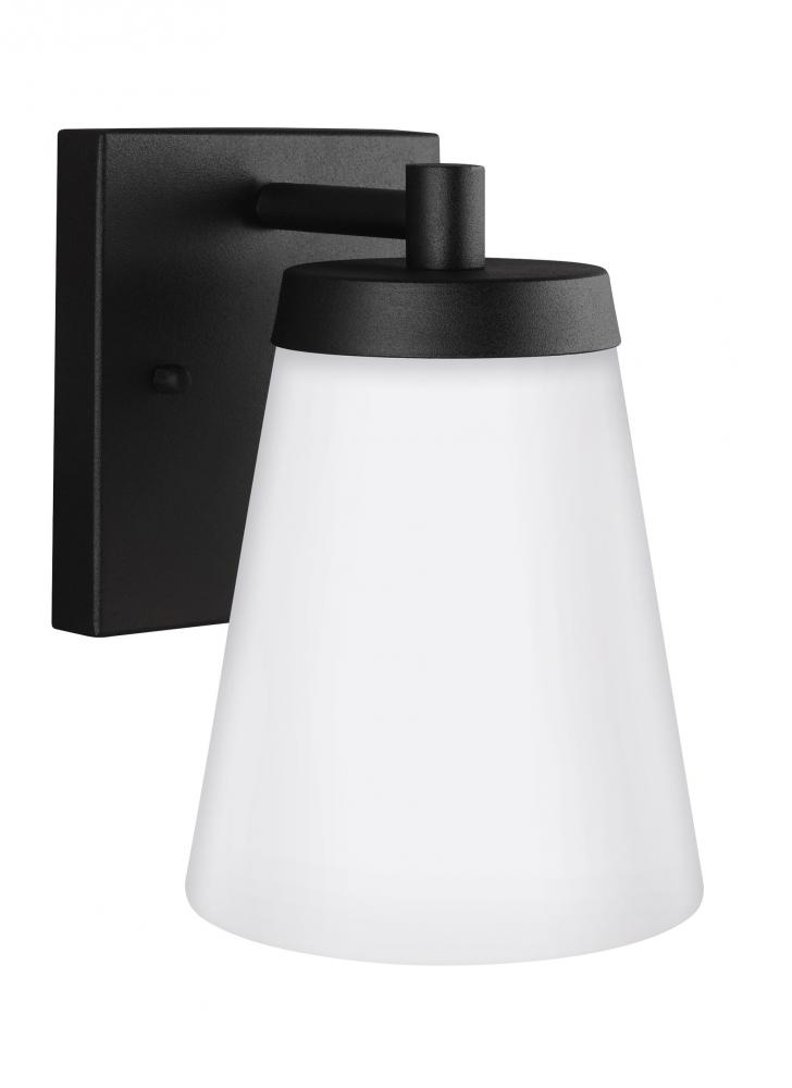 Renville transitional 1-light outdoor exterior small wall lantern sconce in black finish with satin