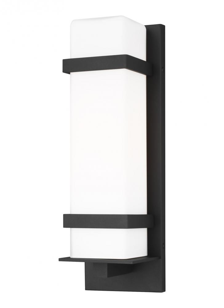 Alban modern 1-light outdoor exterior medium square wall lantern in black finish with etched opal gl