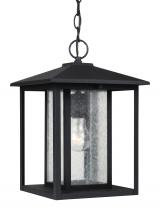 Generation Lighting 62027-12 - Hunnington contemporary 1-light outdoor exterior pendant in black finish with clear seeded glass pan