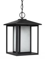 Generation Lighting 69029-12 - Hunnington contemporary 1-light outdoor exterior pendant in black finish with etched seeded glass pa