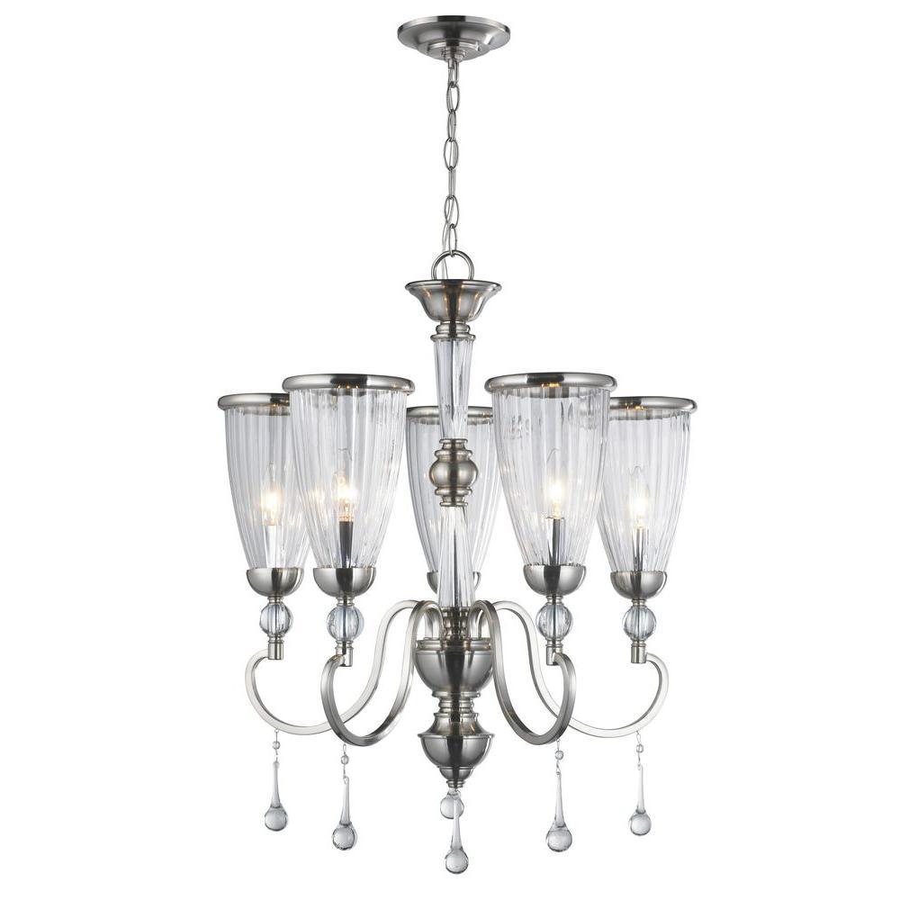 5-Light Brushed Nickel Chandelier with Crystal Adorned Clear Glass Shade