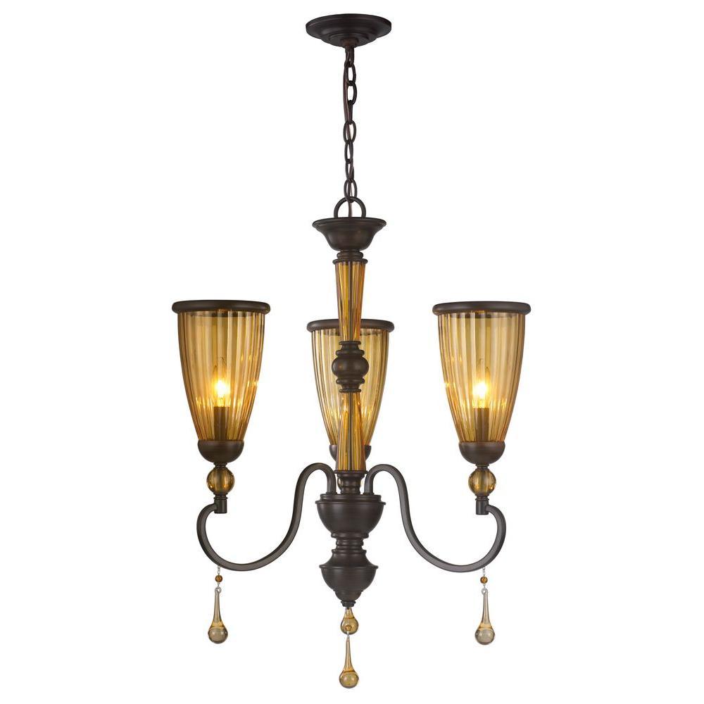 3-Light Oil-Rubbed Bronze Chandelier with Crystal Adorned Tea Stained Glass Shade