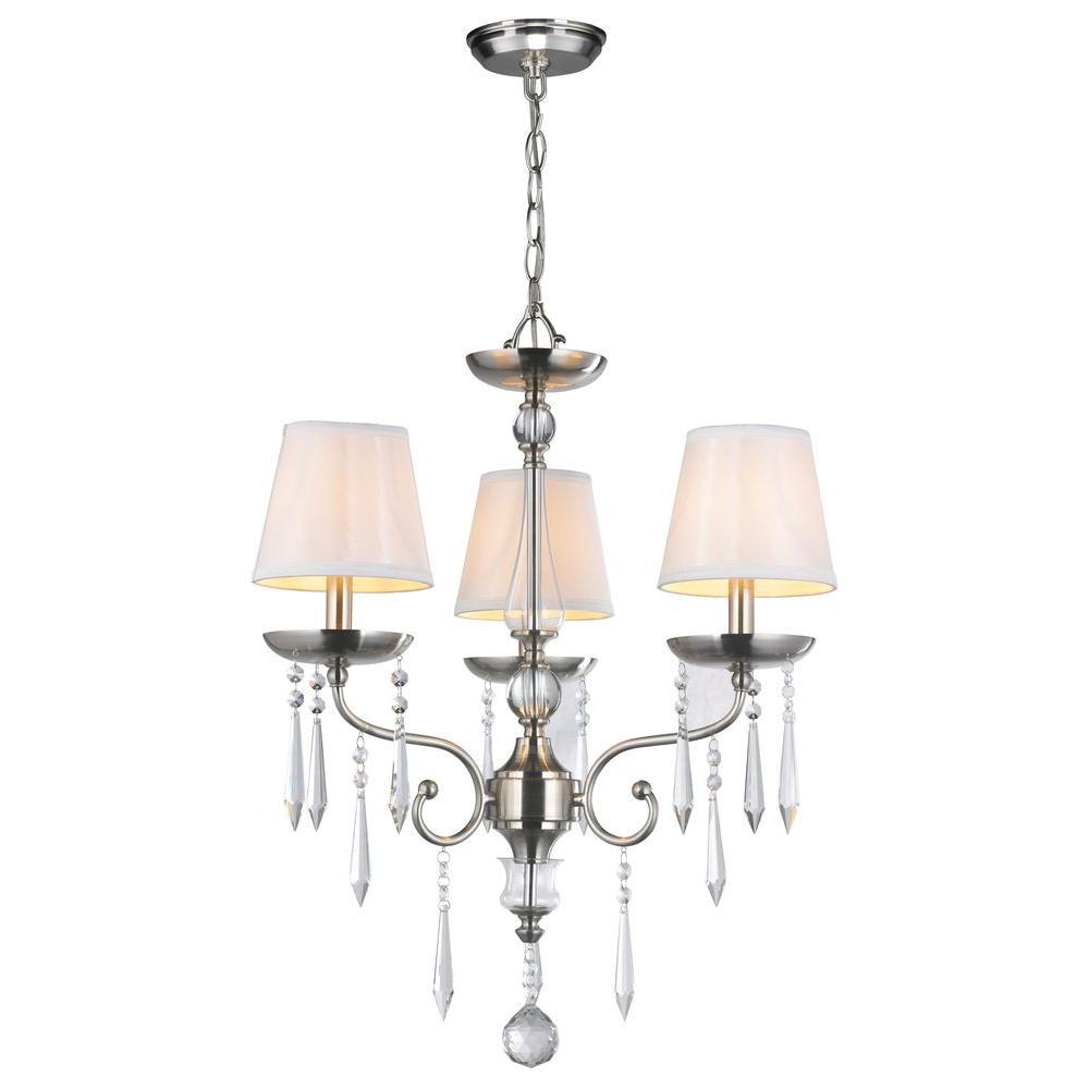 3-Light Brushed Nickel Chandelier with Crystal Adorned White Silk Fabric Shade